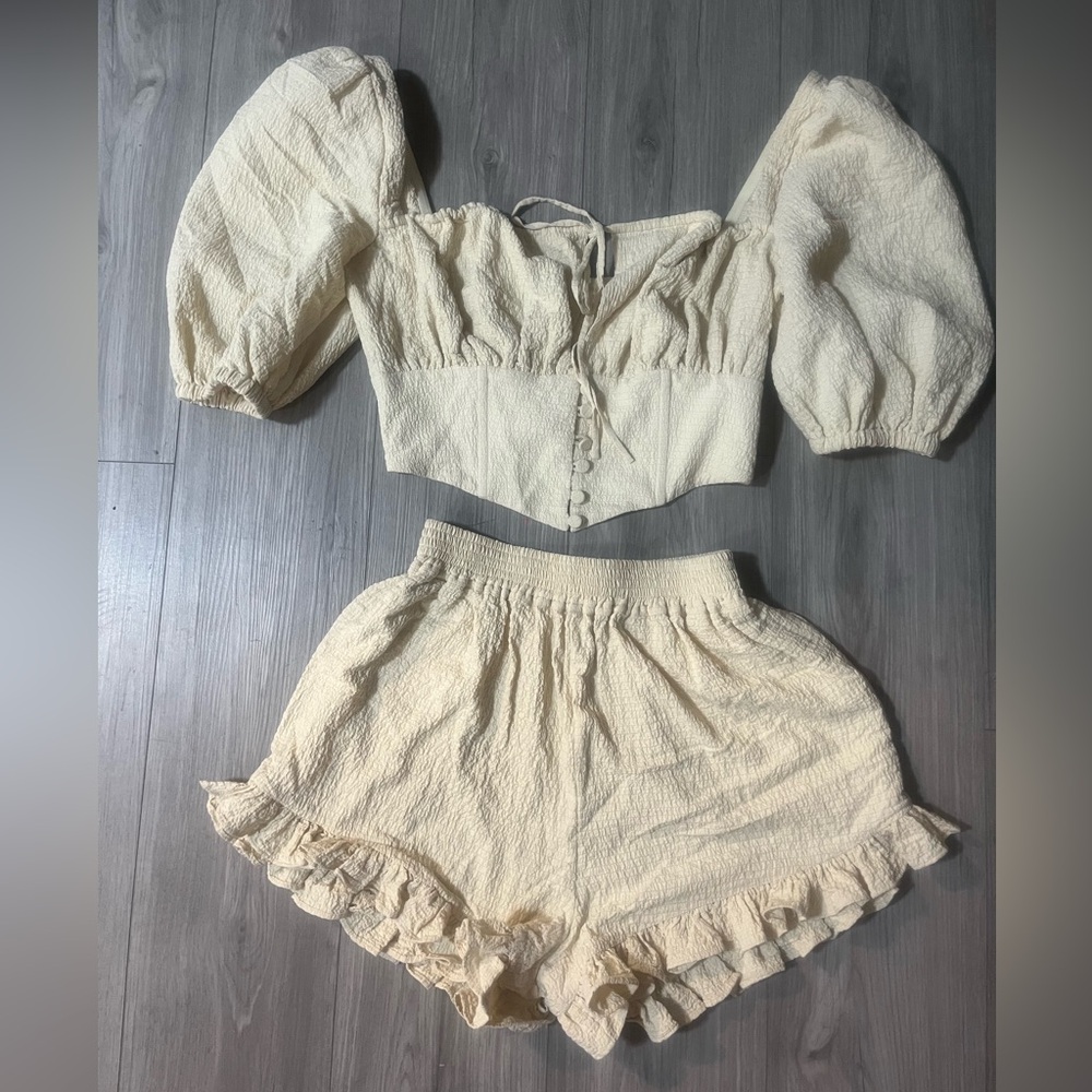 LPA Revolve Cream Puff Sleeve Crop Top and Shorts Set